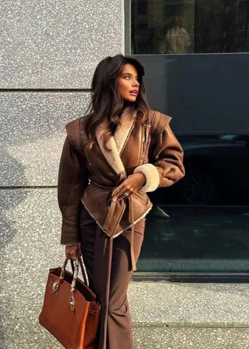 R&B | Wildleder Wickeljacke mit Fellbesatz