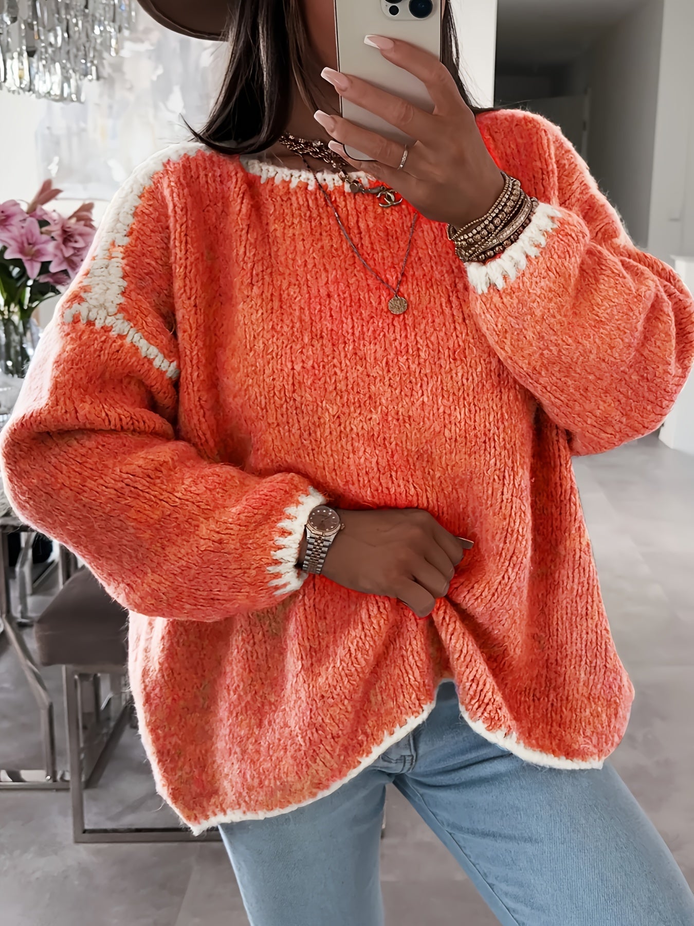R&B | Lockere Strickpullover Weich und Gemütlich Einzigartige Häkel-details