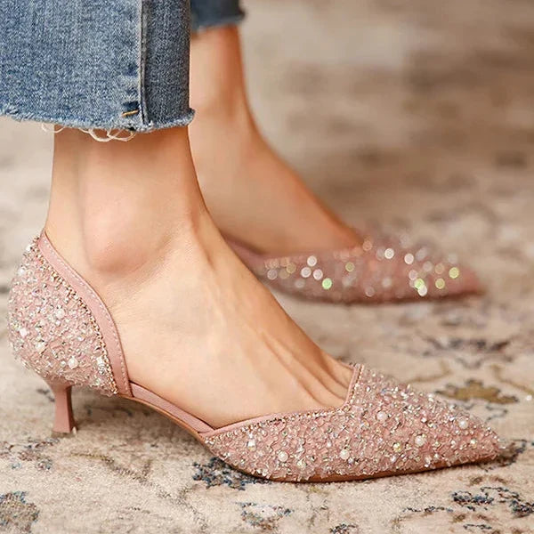 R&B | Stilvolle Schuhe mit Spitzer Zehe und Mittlerem Absatz mit Glitzeroberfläche