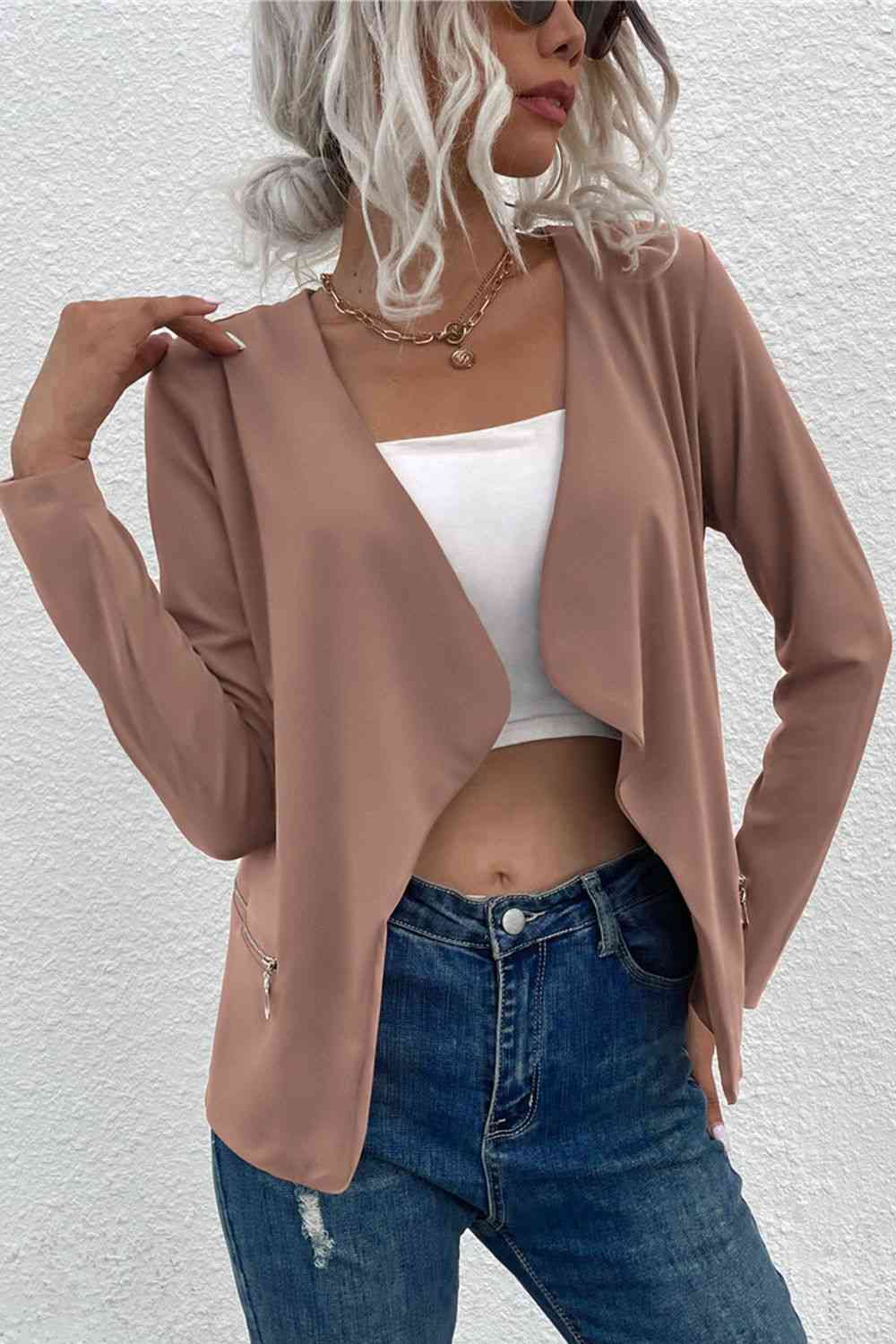 R&B | Offene Frontreißverschluss-Taschen-Cardigan