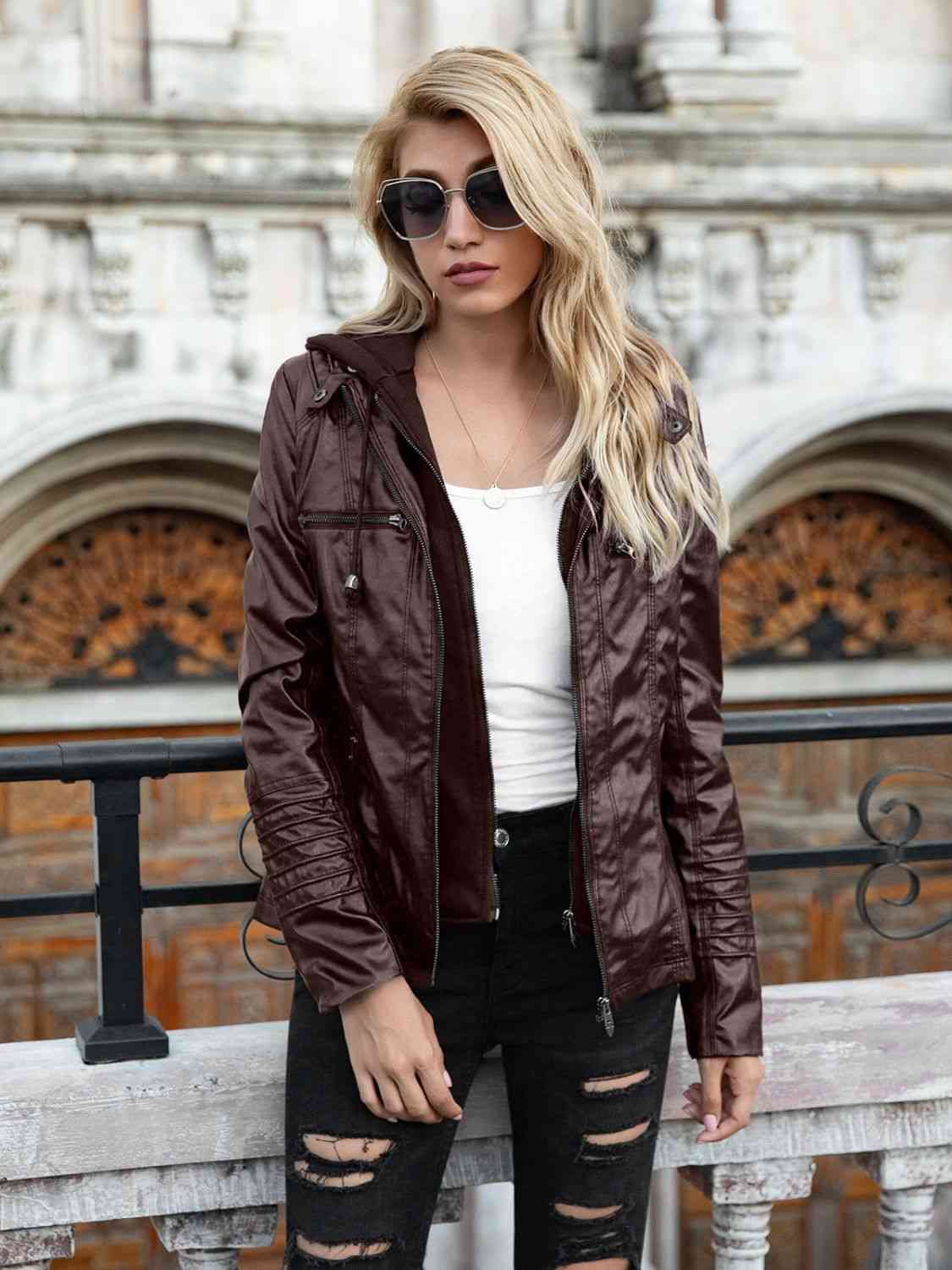 R&B | PU-Jacke mit Kapuze und durchgehendem Reißverschluss