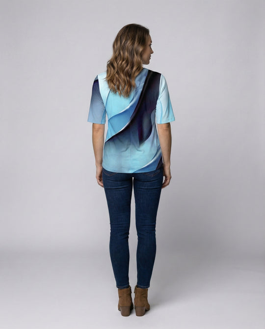 Damen V-Ausschnitt Bluse mit kreativem Wellenmuster R&B