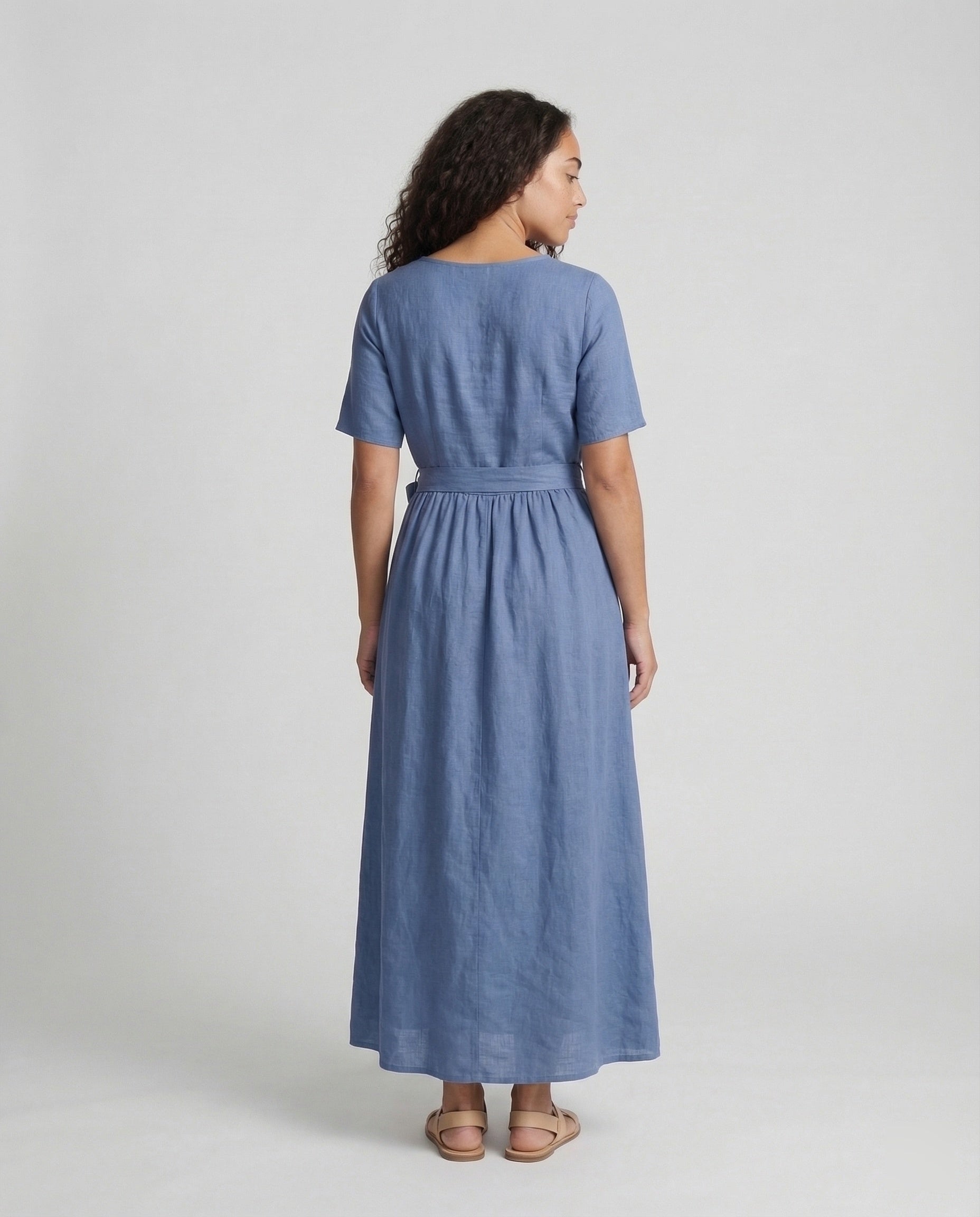 Damen Leinen Maxikleid Gürtel