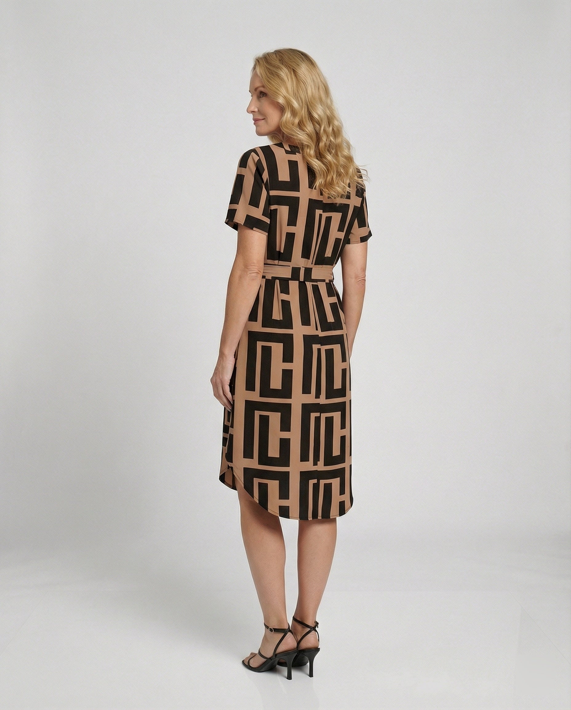 Damen Midikleid mit Muster und Gürtel