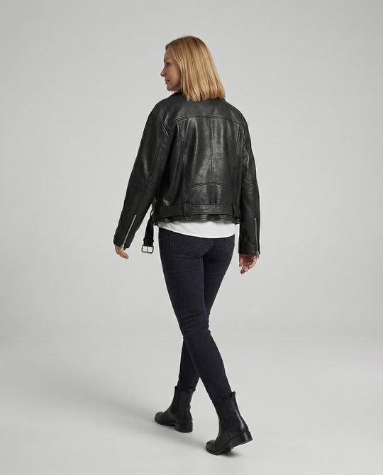Damen Lederjacke Schwarz Oversize