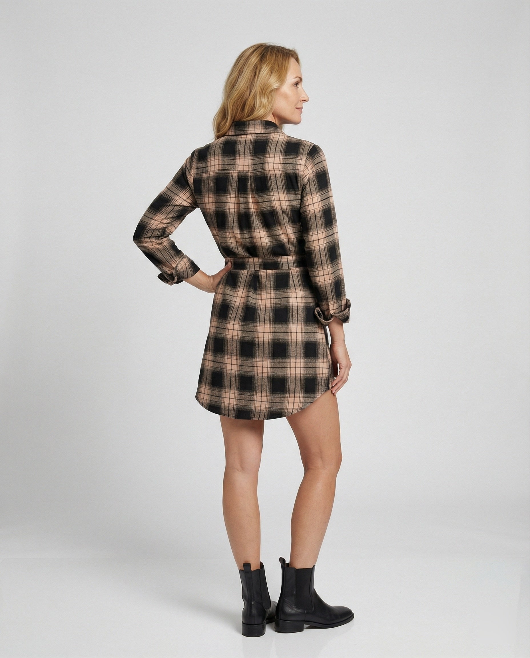 Damen Karierte Hemdblusenkleid mit Taillengürtel