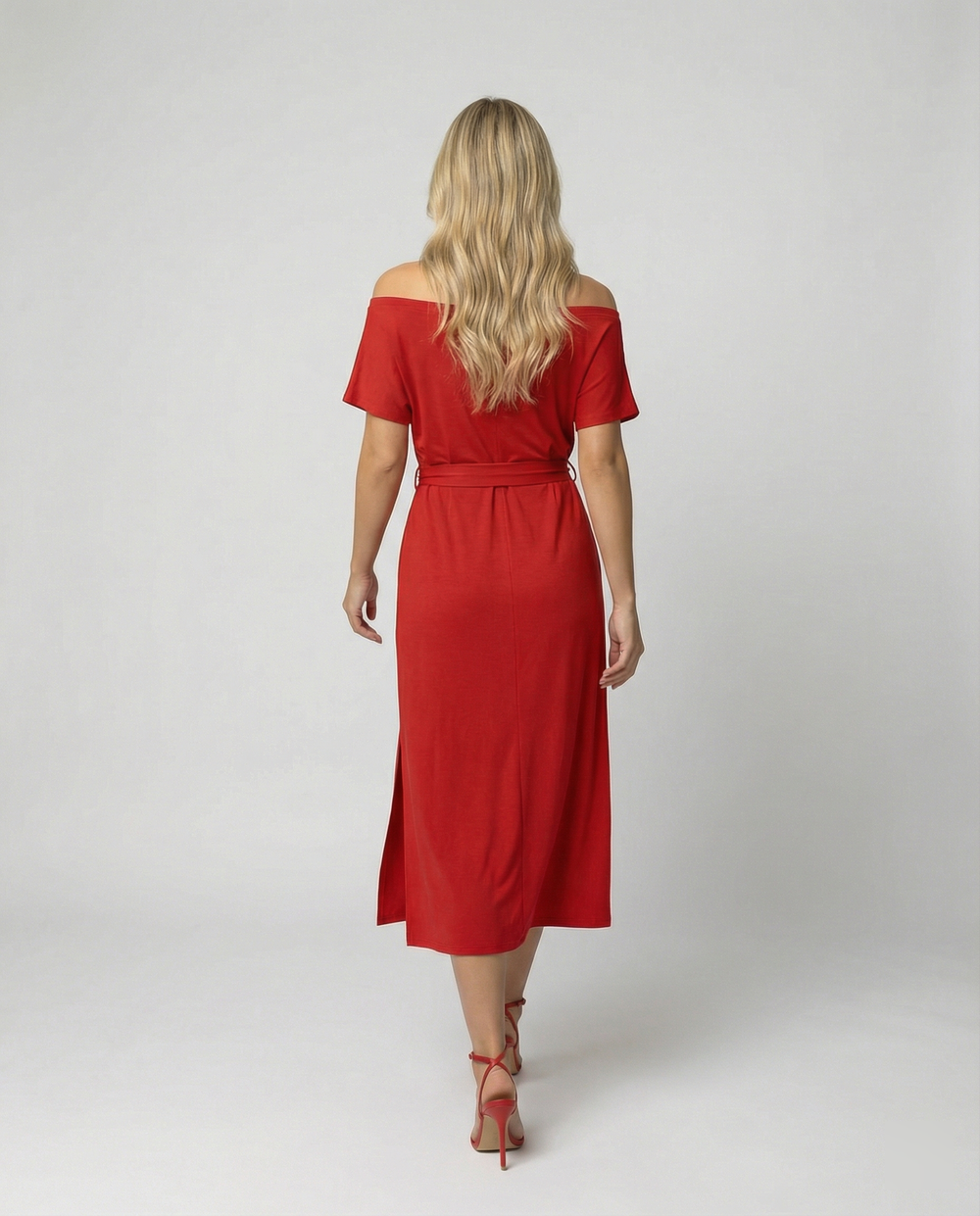Damen Off-Shoulder Maxikleid mit Taillengürtel und seitlichem Schlitz R&B