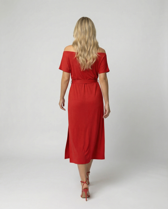 Damen Off-Shoulder Maxikleid mit Taillengürtel und seitlichem Schlitz R&B