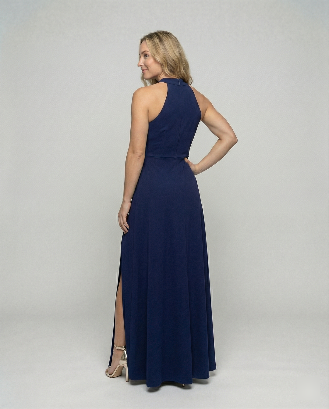 Damen Elegantes Maxikleid mit Seitenschlitzen und hochgeschlossenem Ausschnitt R&B