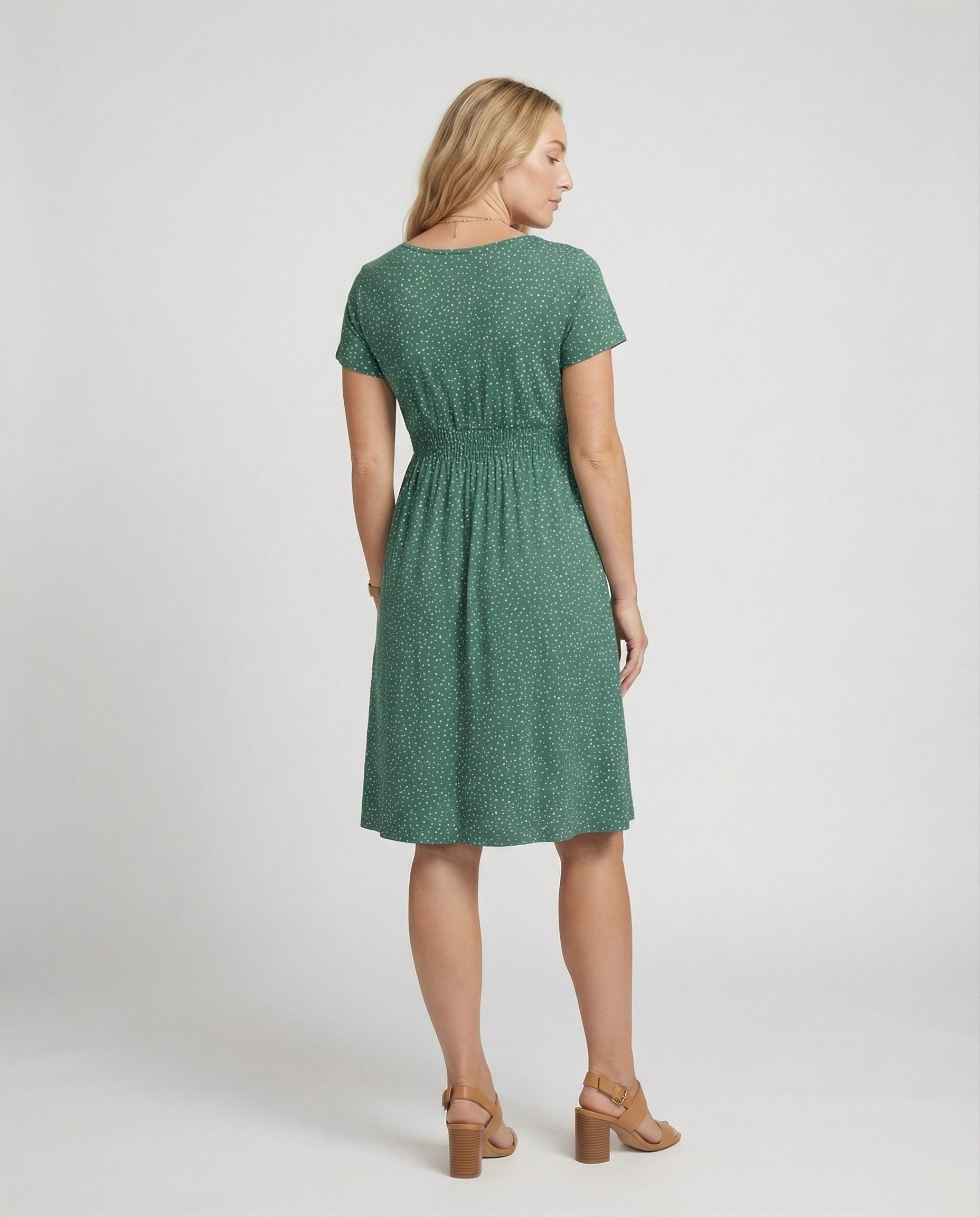 Damen Elegantes Grünes Midikleid mit Punktmuster & Kurzen Ärmeln - R&B