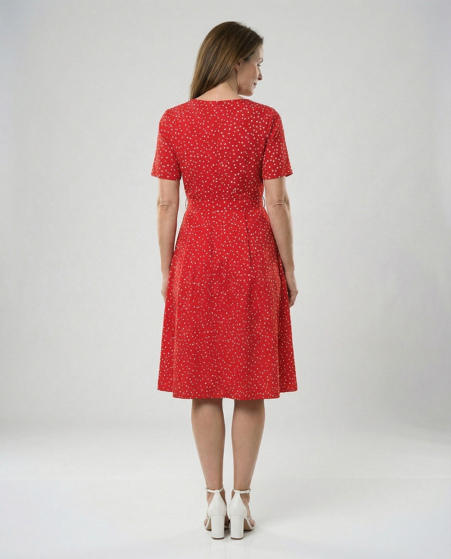 Damen Midi-Kleid mit Taillengürtel und Punkten