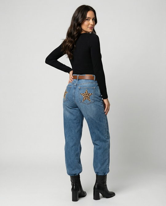 R&B | Retro Leoparden Print Stern Boyfriend Jeans