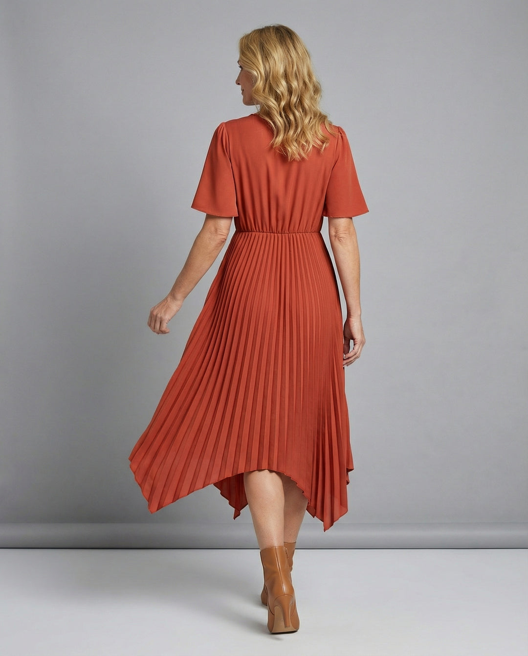 Damen Midikleid Plissee mit V Ausschnitt