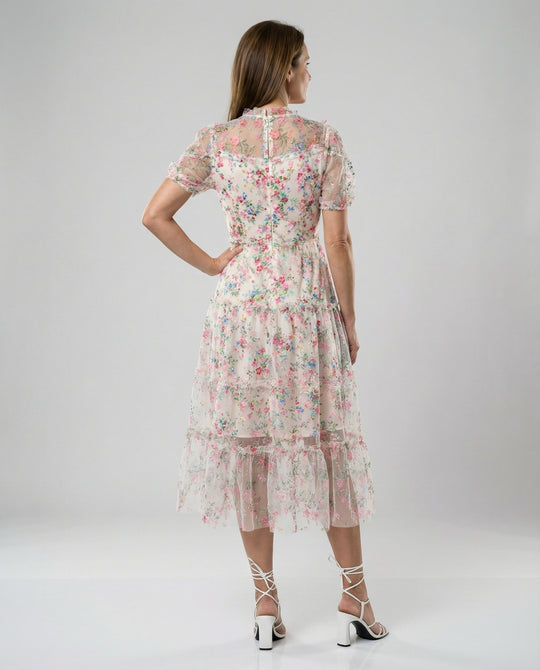 Damen Tüll Midikleid mit Spitze elegant