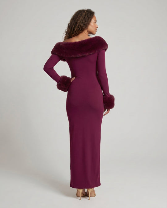 Damen Elegantes Langarm-Maxikleid mit abnehmbarem Pelzbesatz R&B
