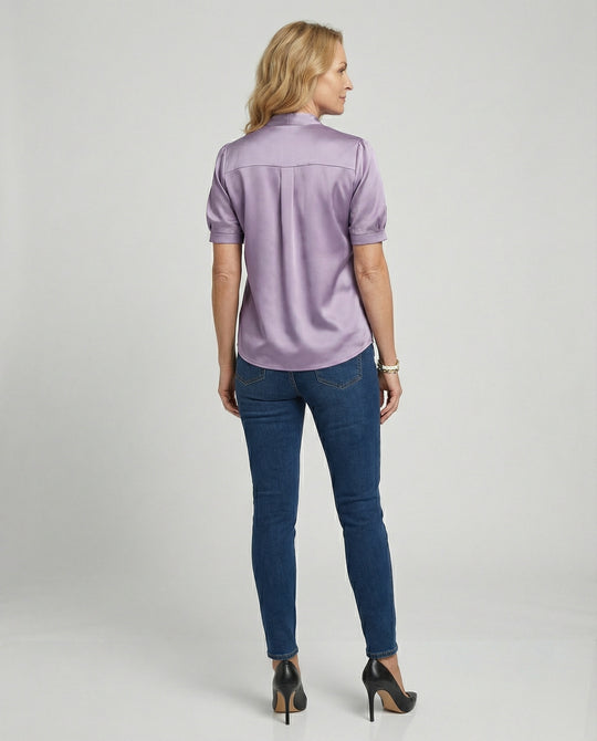 Satin Blusentop Damen mit Krawattenkragen