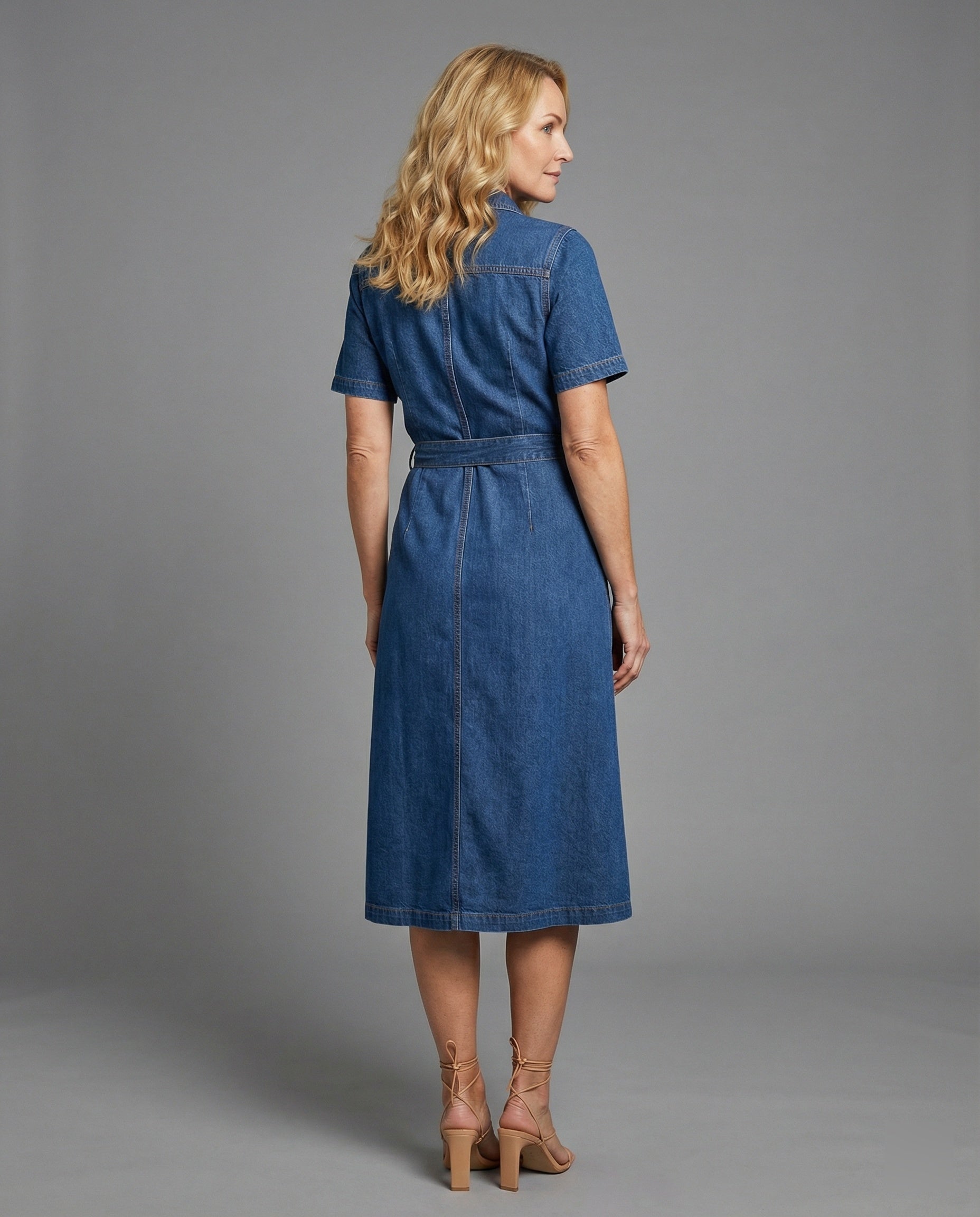 Damen Jeanskleid Midi V-Ausschnitt