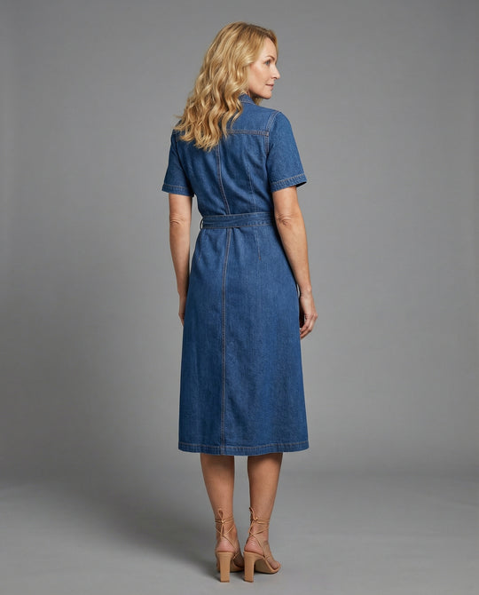 Damen Jeanskleid Midi V-Ausschnitt