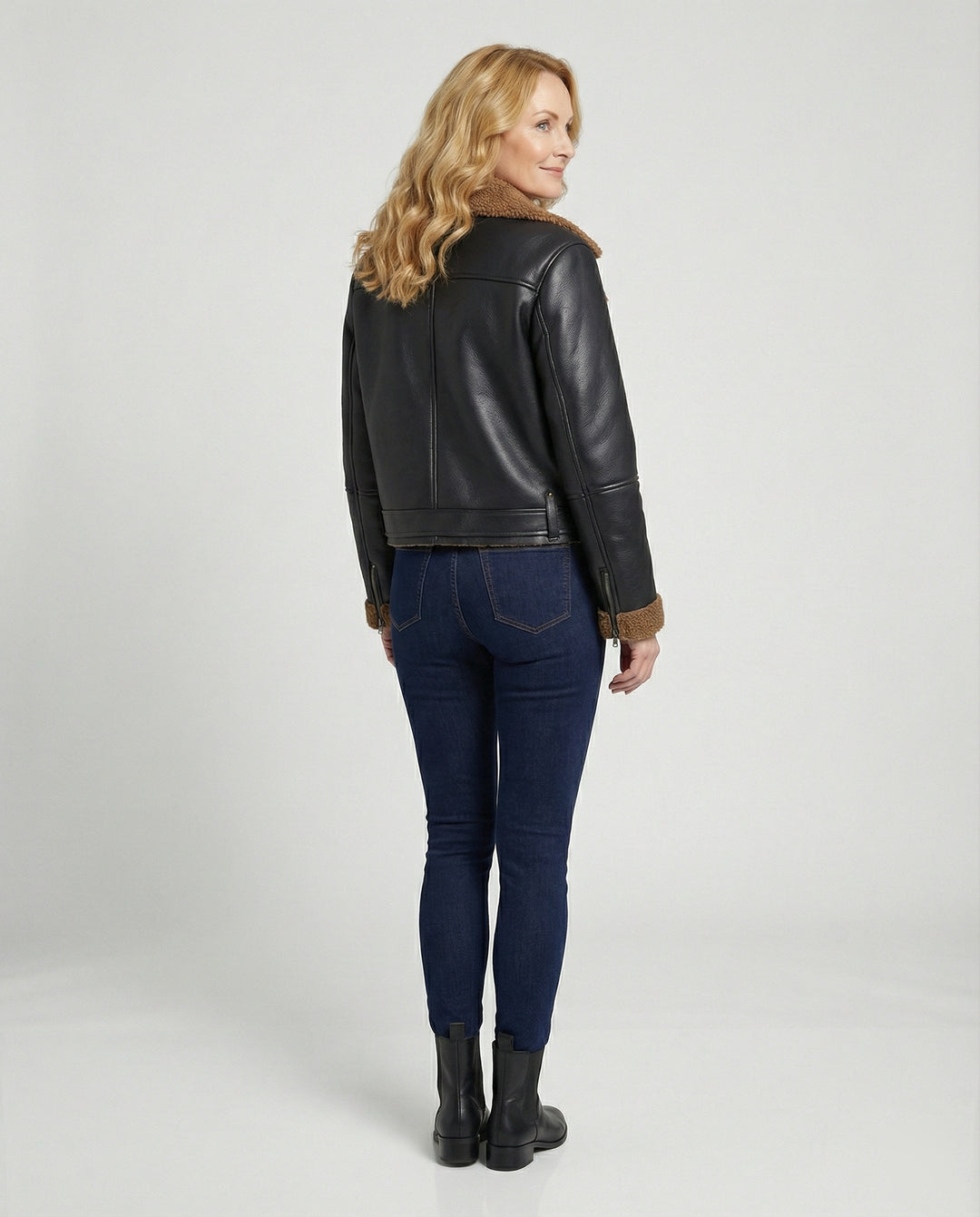 Damen Lederjacke Schwarz mit Teddykragen