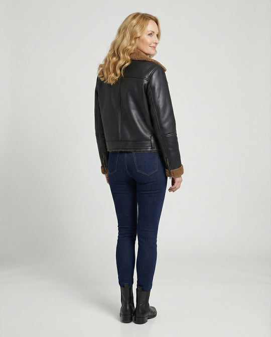 Damen Lederjacke Schwarz mit Teddykragen