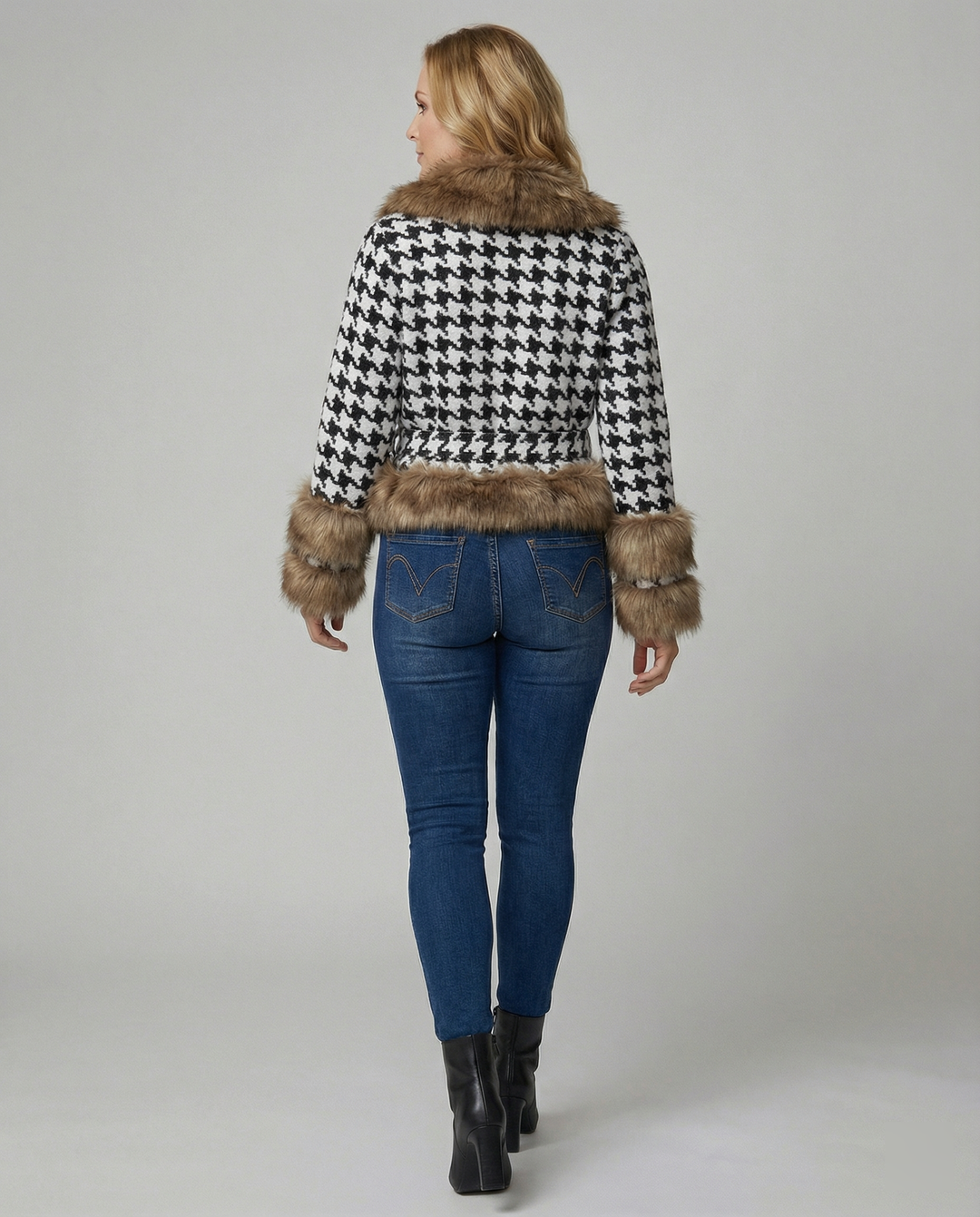 Übergangsjacke Damen elegant mit Kunstfell und Hahnentrittmuster