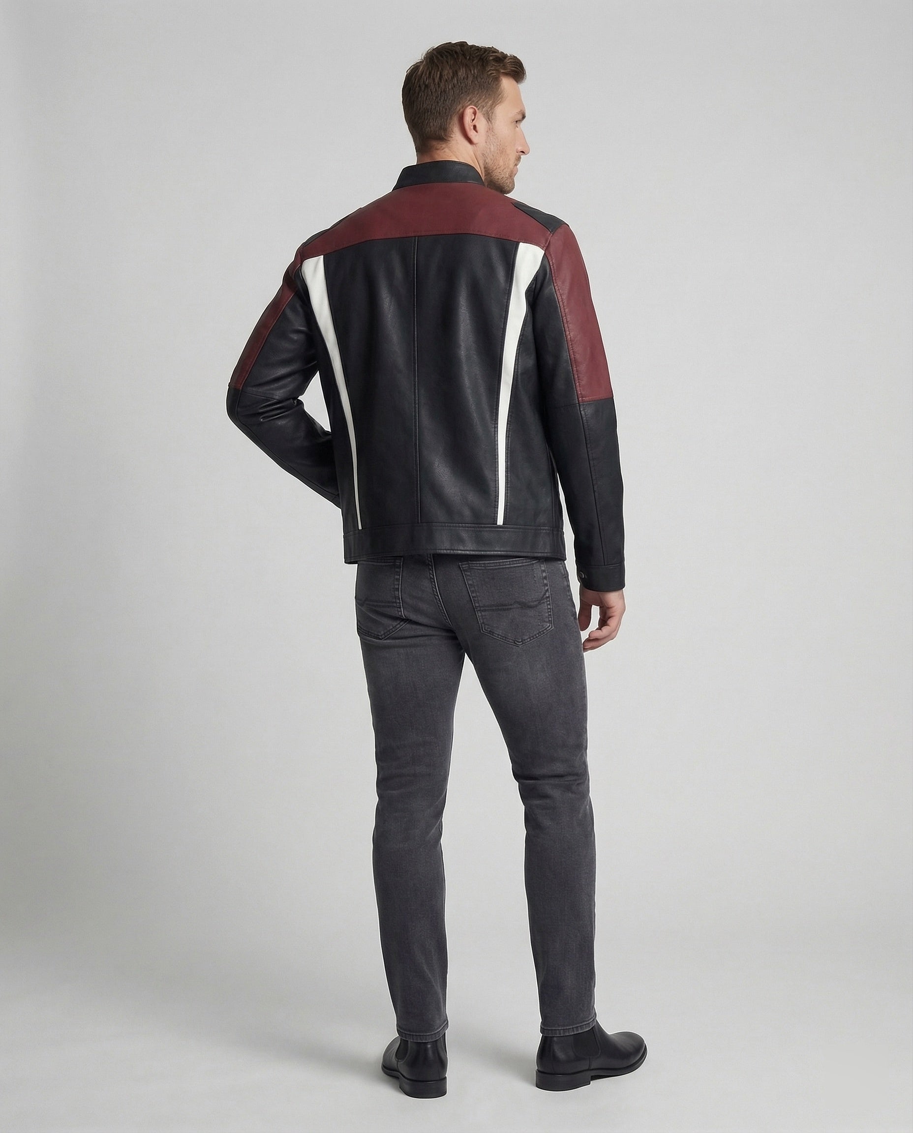 Herren Panel Lederjacke Stehkragen