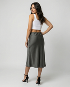 Damen eleganter Satin-Midirock mit fließendem Schnitt und hohem Bund R&B