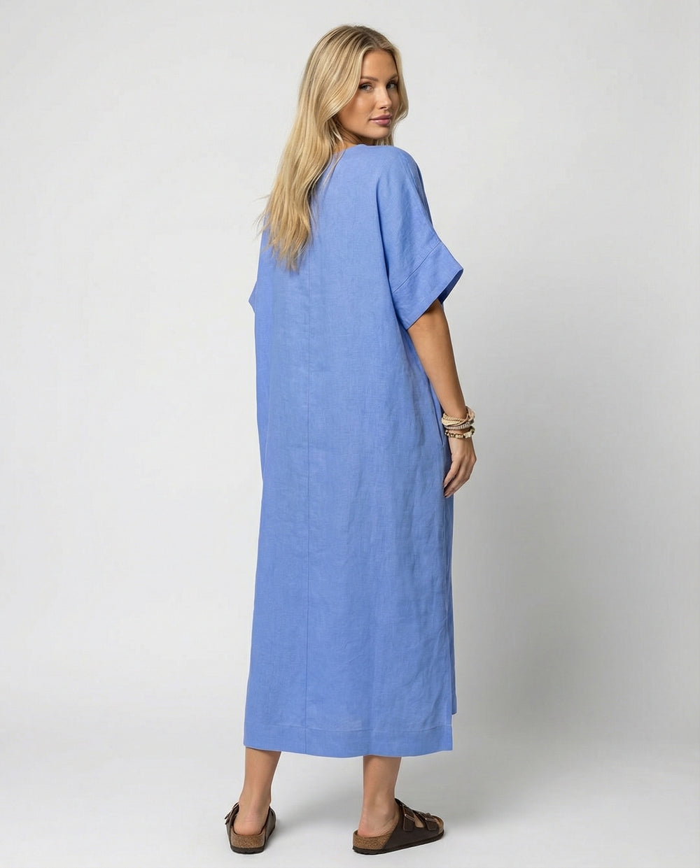 Damen lässiges Leinen-Maxikleid mit V-Ausschnitt und weit geschnittenen Ärmeln R&B