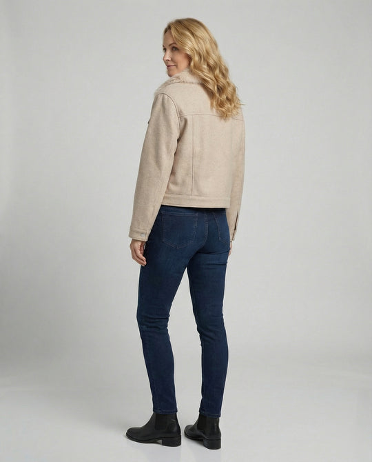 Damen Wolljacke mit Kunstfellkragen