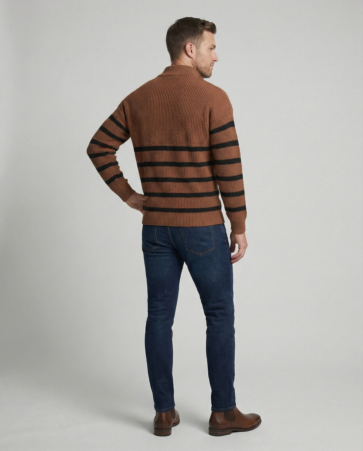 Herren Strickpullover mit modernem Halbreißverschluss und gestreiftem Design R&B