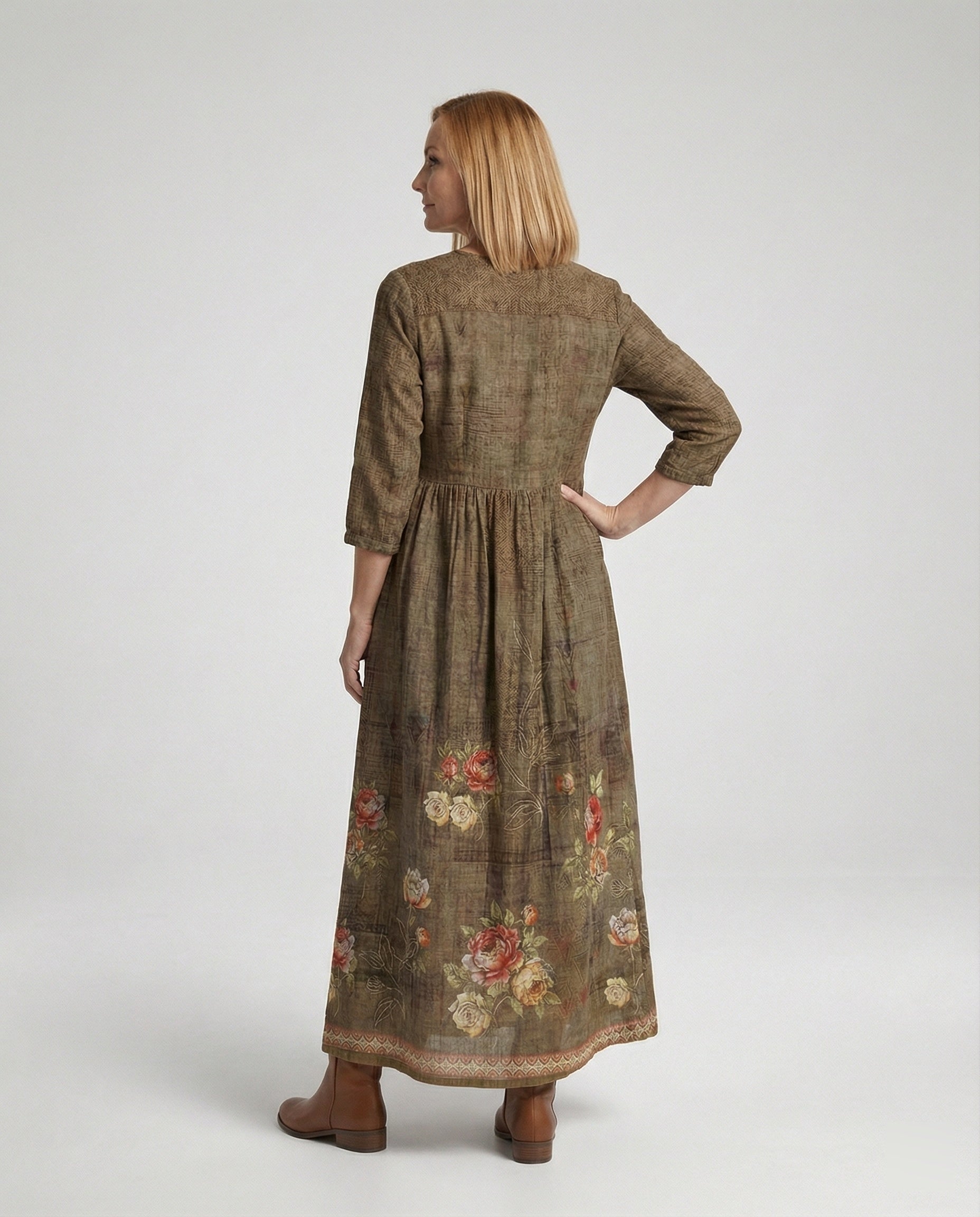 Damen Maxikleid Sommer Leinenoptik V-Ausschnitt