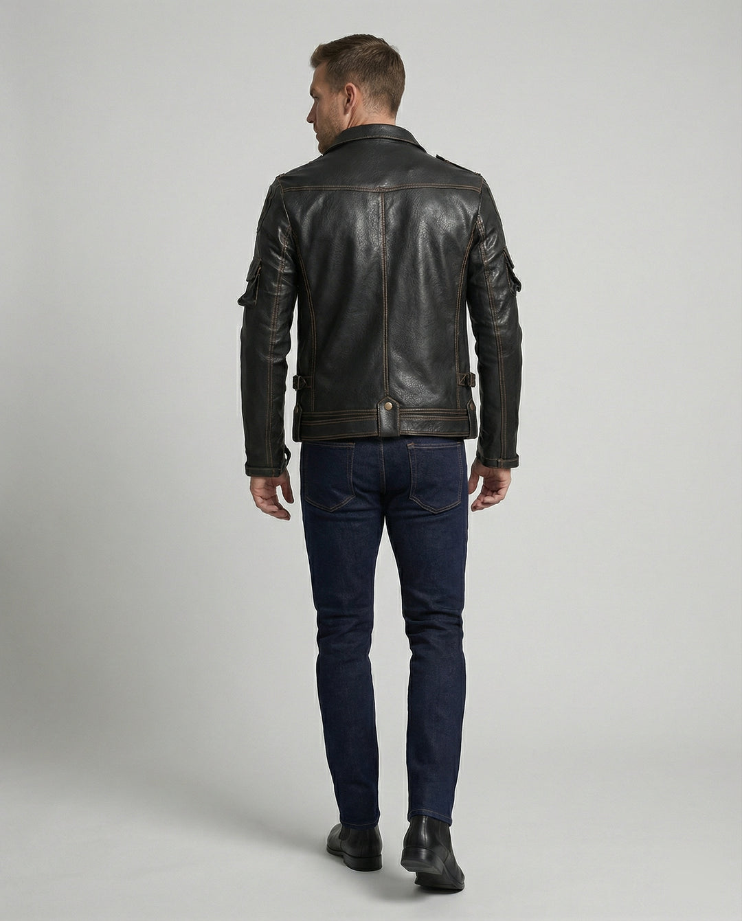 Herren Lederjacke mit asymmetrischem Reißverschluss und Taschen