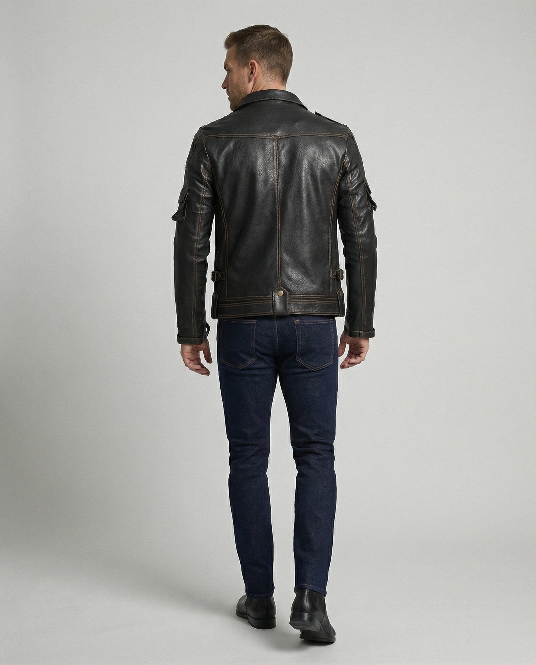Herren Lederjacke mit asymmetrischem Reißverschluss und Taschen
