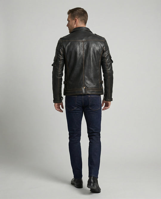 Herren Lederjacke mit asymmetrischem Reißverschluss und Taschen