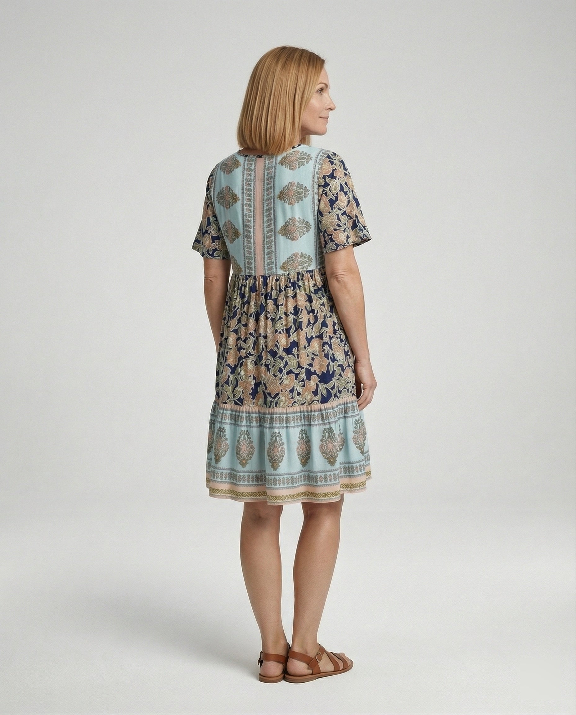 Damen Boho Midikleid A-Linie mit Bordüre