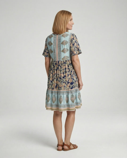 Damen Boho Midikleid A-Linie mit Bordüre