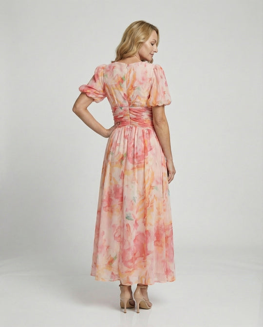Damen Wickel-Maxikleid mit Puffärmeln