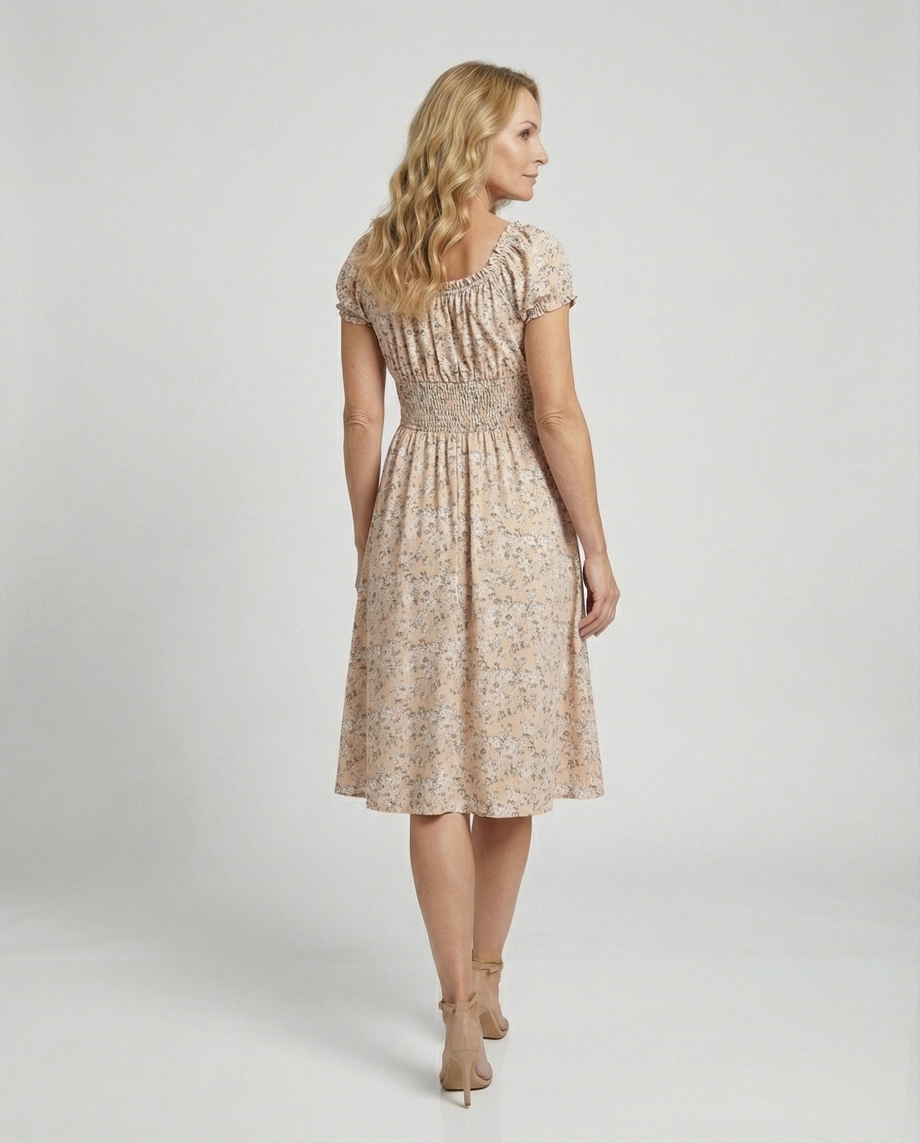 Damen Midikleid gesmokt mit Puffärmeln