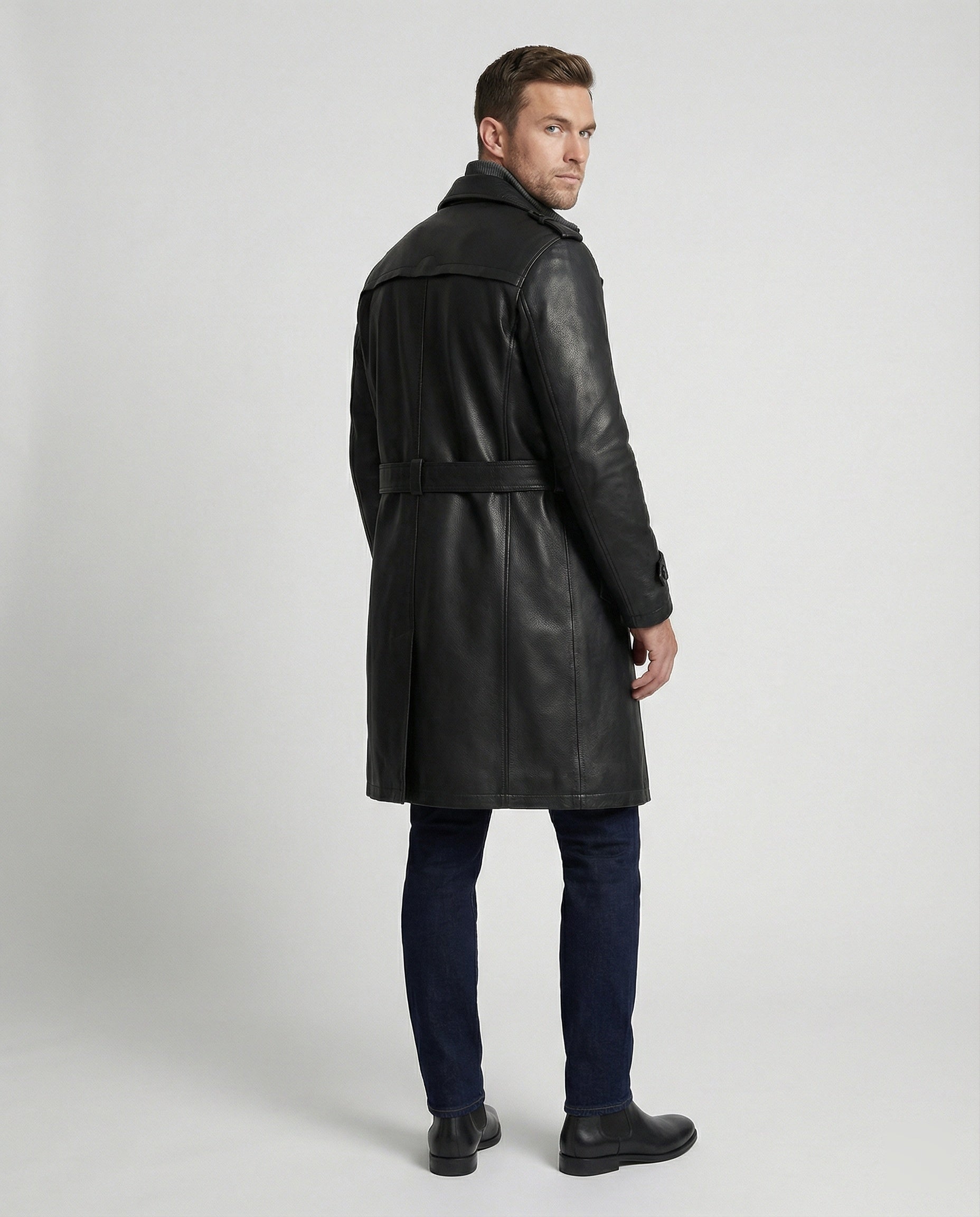 R&B | Doppelreihiger Leder-Trenchcoat Herren