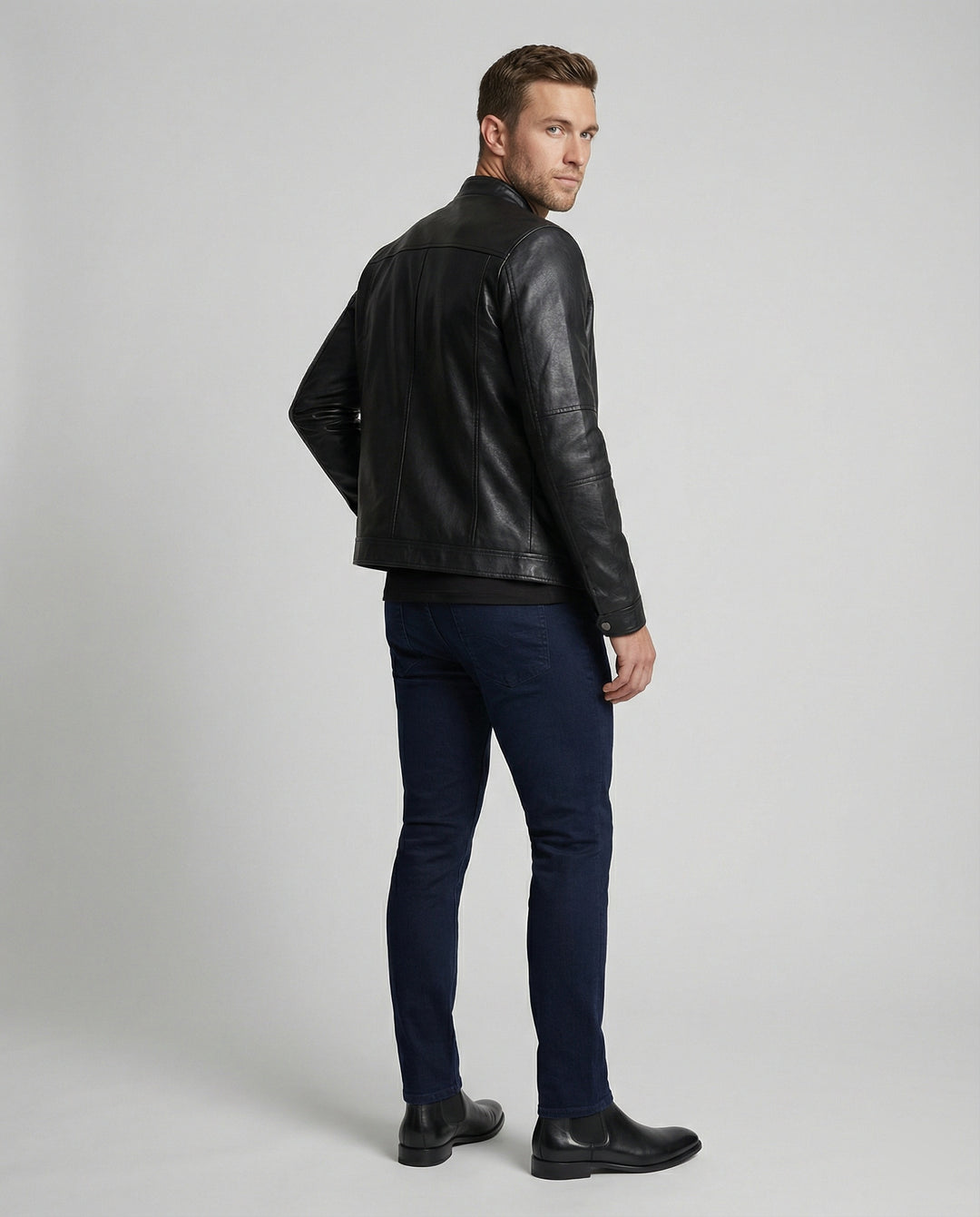 Herren elegante Kunstlederjacke mit Stehkragen R&B