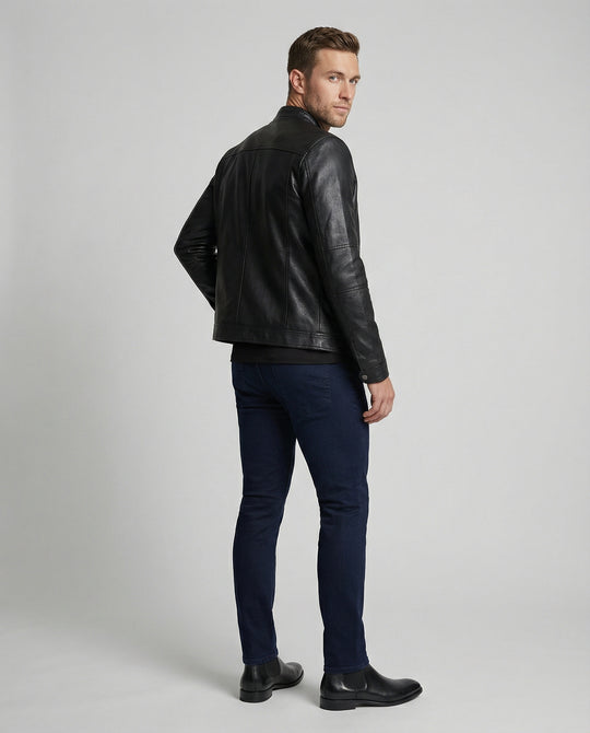 Herren elegante Kunstlederjacke mit Stehkragen R&B