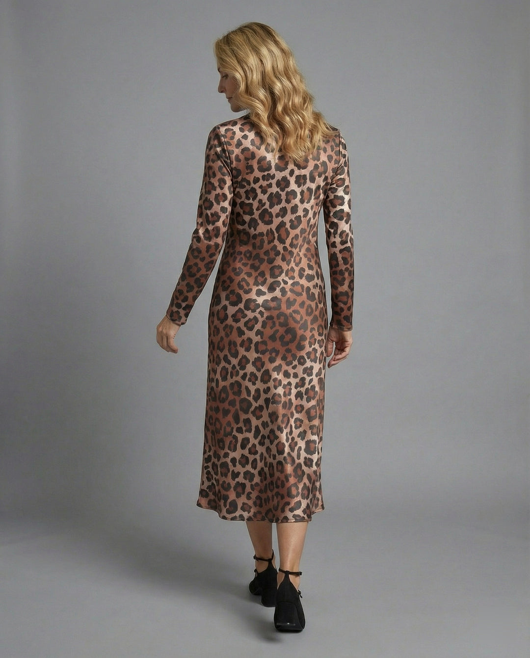 Damen Midikleid Satin Leopard Print