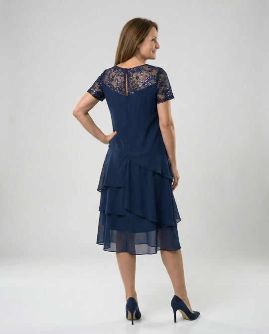 Damen Elegantes Schichtkleid mit Spitzenärmel und asymmetrischem Saum R&B
