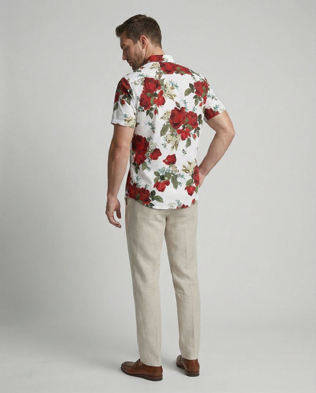 Kurzarmhemd Herren Blumenmuster Leinenoptik