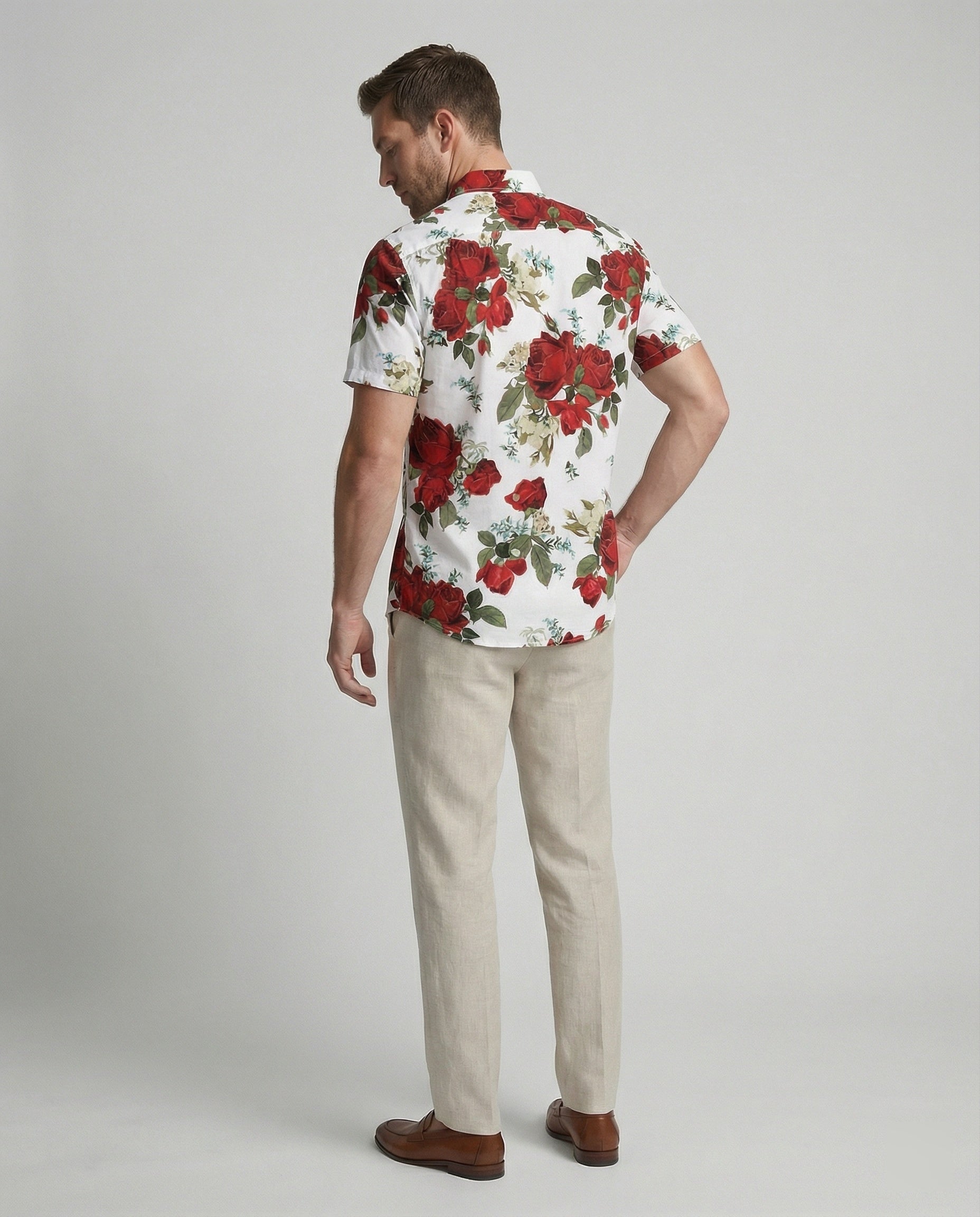 Kurzarmhemd Herren Blumenmuster Leinenoptik
