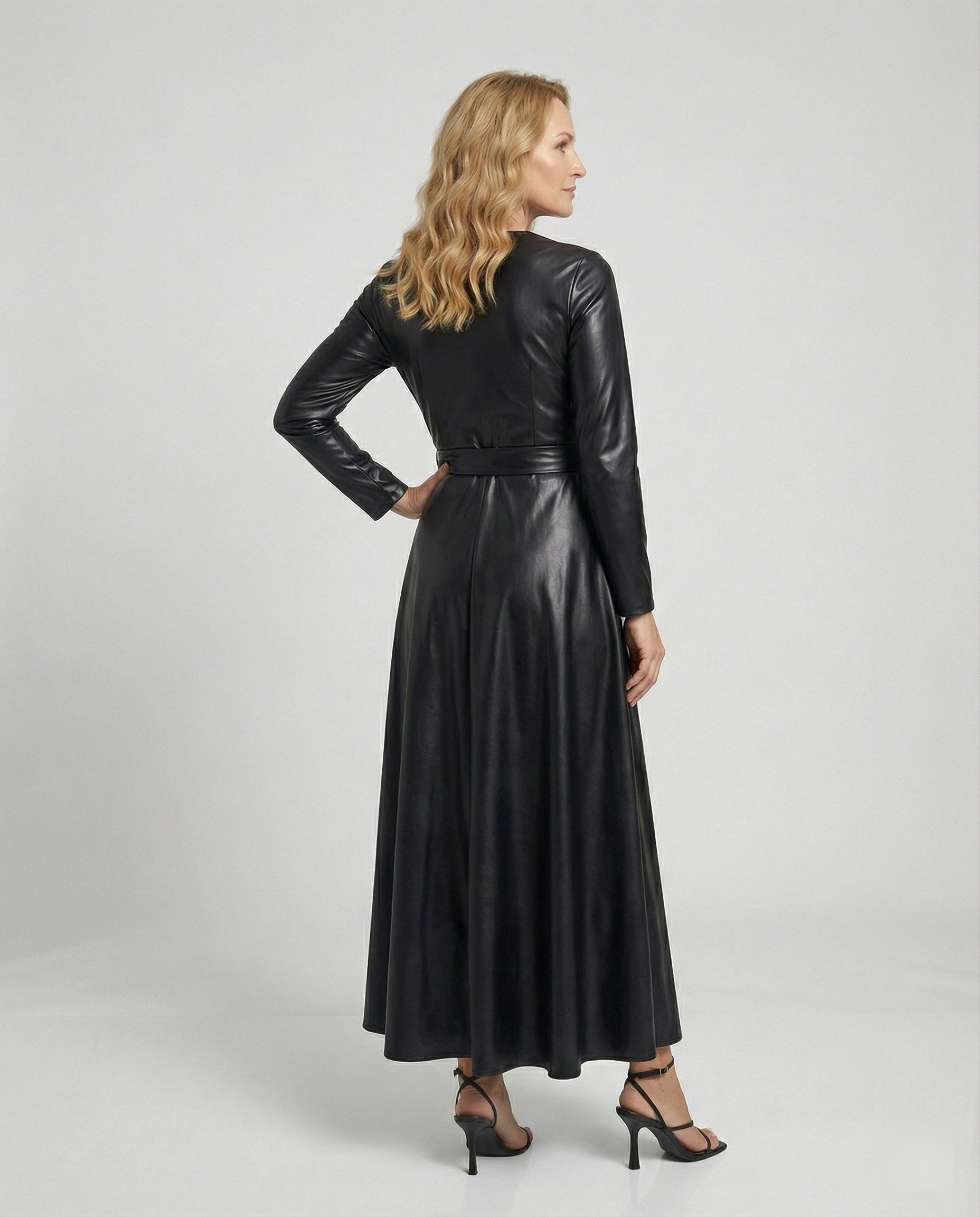 Damen Maxikleid Kunstleder Wickeloptik