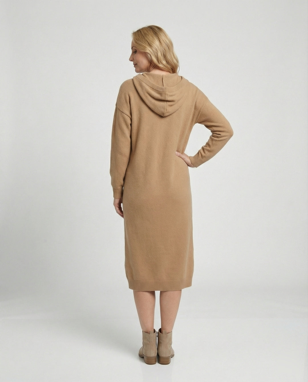 Damen Hoodie-Kleid aus weichem Strickmaterial mit Knopfleiste und Kapuze R&B