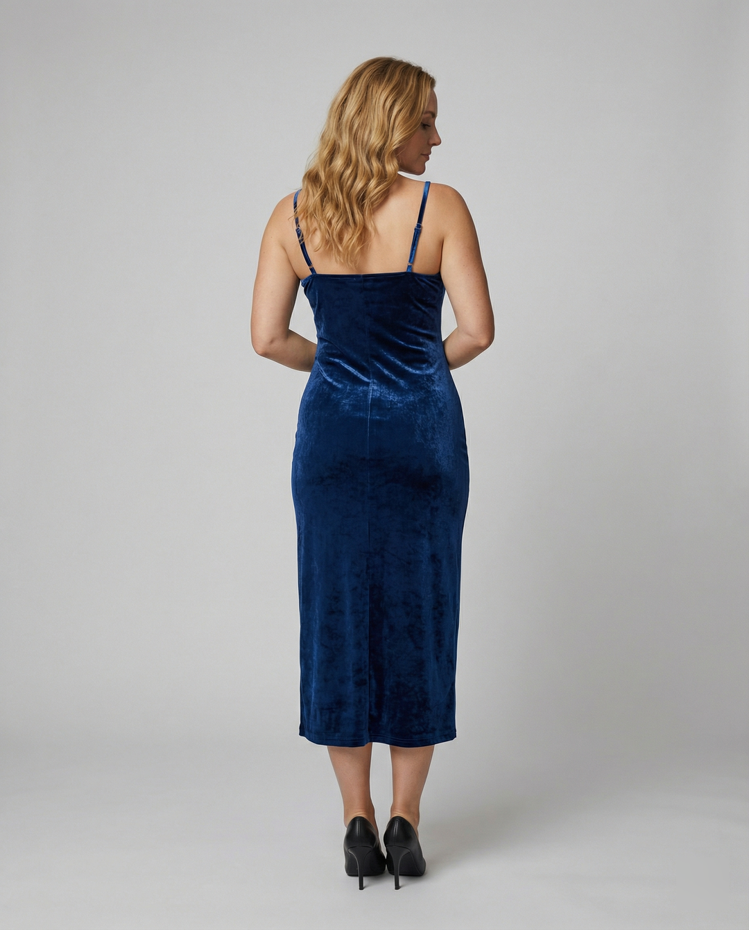 Damen Samt-Midi-Kleid mit tiefem V-Ausschnitt und seitlichem Schlitz R&B