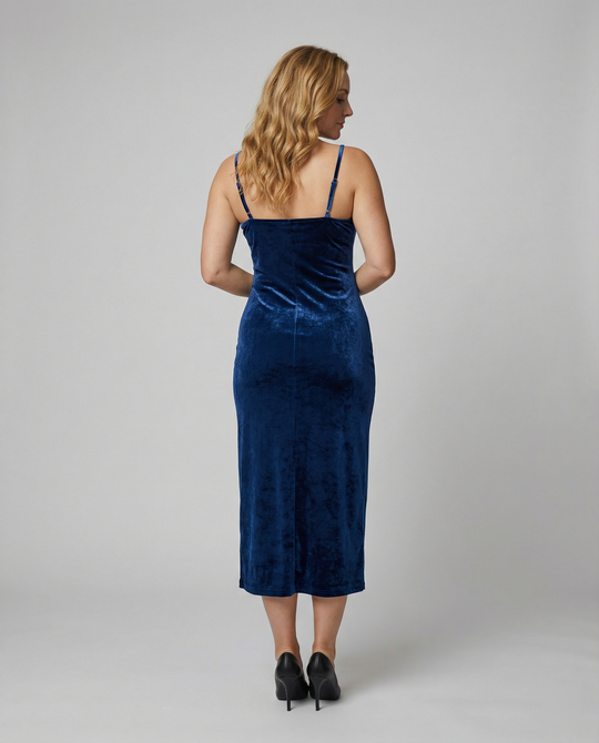 Damen Samt-Midi-Kleid mit tiefem V-Ausschnitt und seitlichem Schlitz R&B
