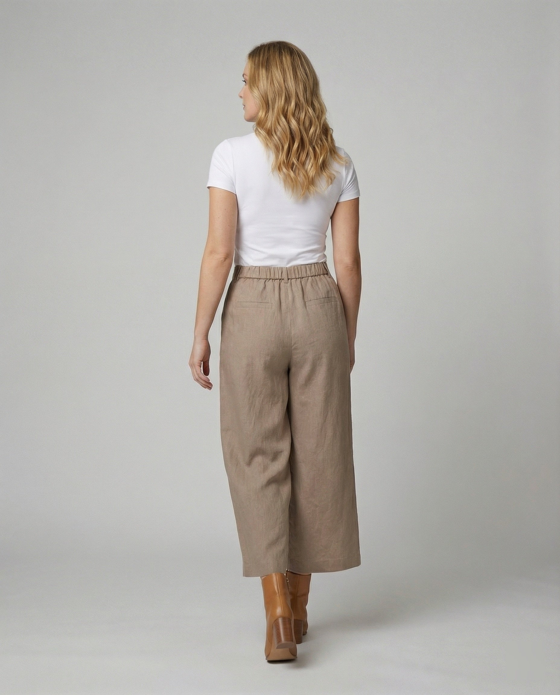 Damen Weite Leinen Stoffhose mit Gummibund und Taschen